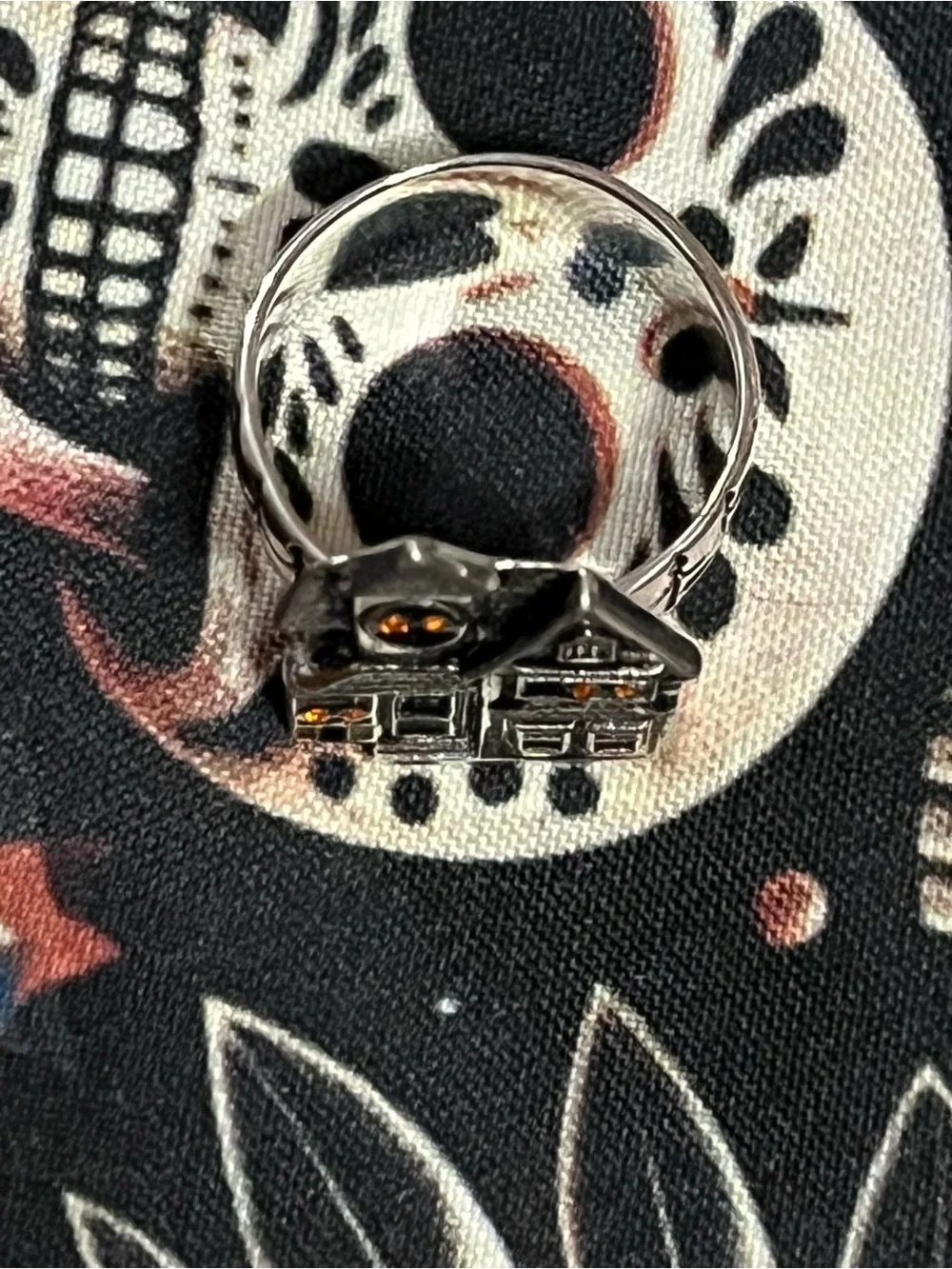 Silver Haunted House Ring with Orange Accents - Home Holiday